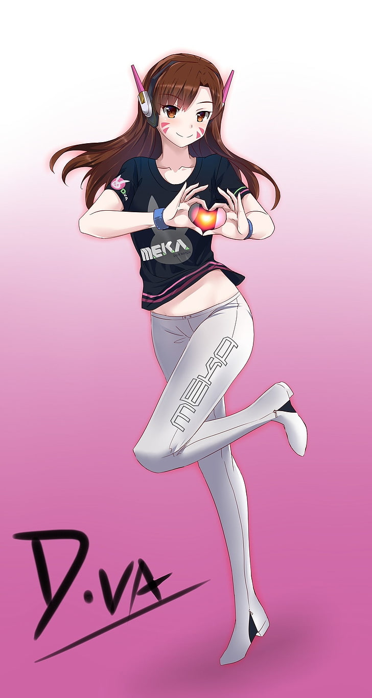 brown-haired female anime character in black shirt and gray pants illustration