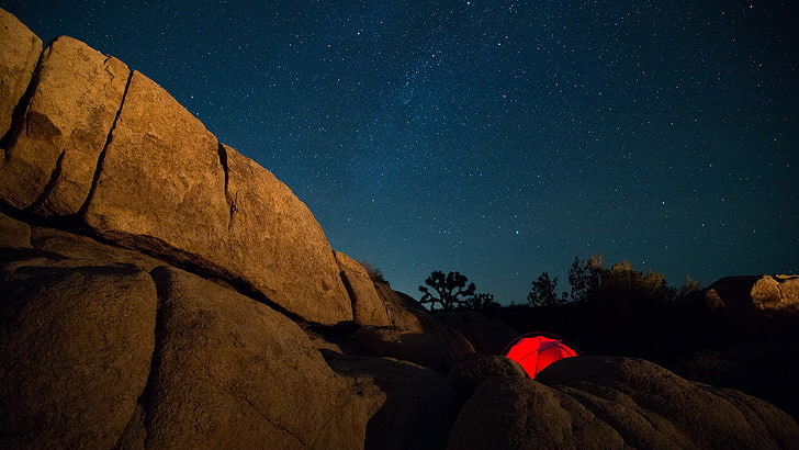 red dome camping tent, nature, stars, landscape, sky, night, rock, HD wallpaper