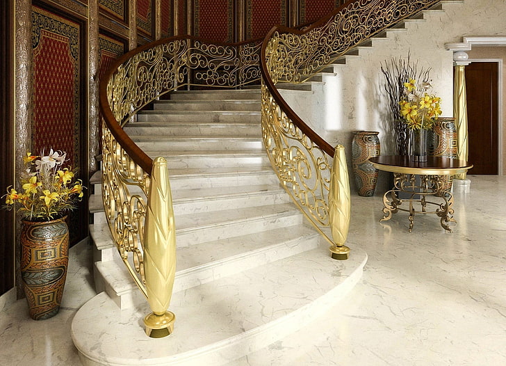 gold-colored stair railings, interior, stairs, handrails, door, HD wallpaper