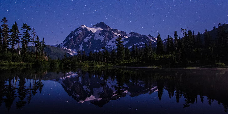 landscape photography of snowy mountain's reflection on body of water during nighttime, HD wallpaper