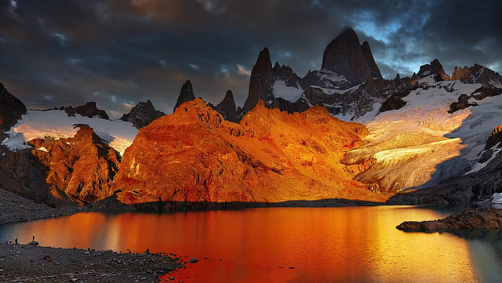 orange mountain, snow, landscape, mountains, lake, dawn, Argentina