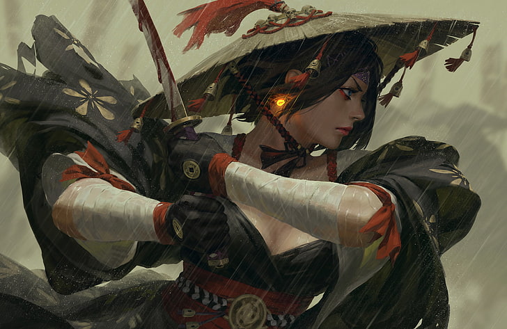 black haired female holding katana illustration, warrior, fantasy art