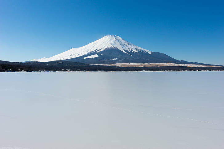 snow filled mountain, Ice, mountain  Lake, Lake Yamanaka, lakes