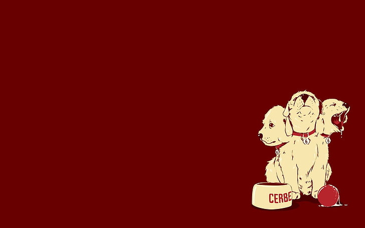 Ceberus dog illustration, minimalism, Cerberus , humor, red background