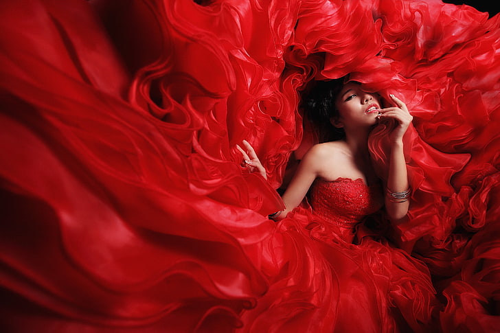 red, dress, women, model, Asian, red dress, fashion, gowns, HD wallpaper