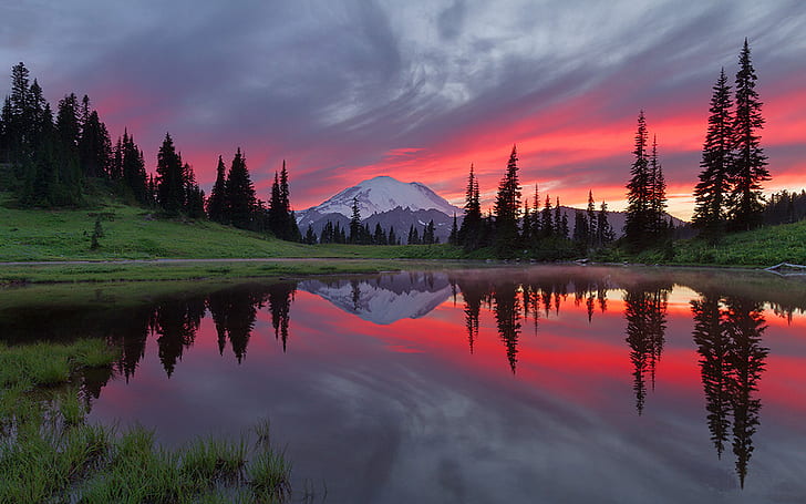 Pink Sunset Reflection Tipsoo Lake Mount Rainier Washington Usa Lanscape Wallaper Hd 1920×1200, HD wallpaper