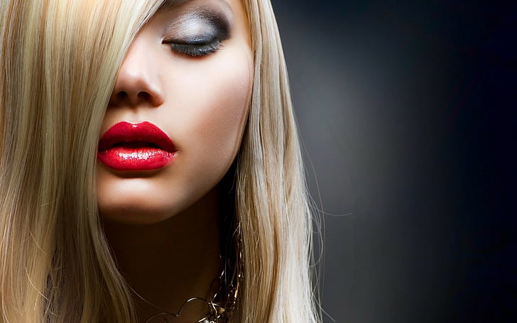 closed eyes, red lipstick, women, makeup, model, face