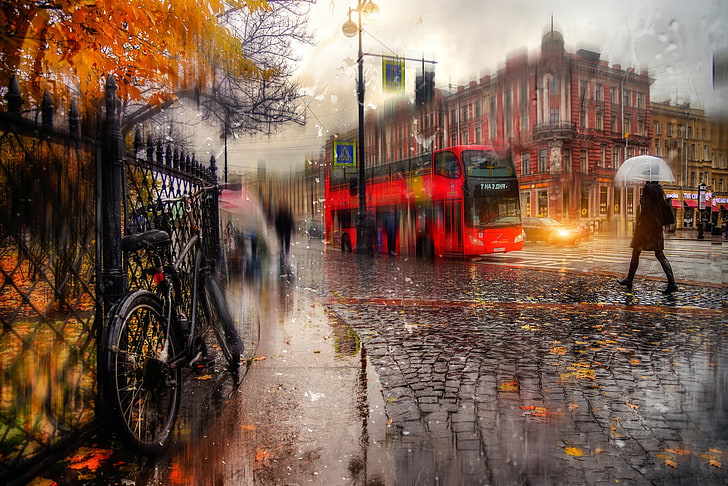 red double-decker bus, girl, rain, umbrella, Autumn, Peter, Russia