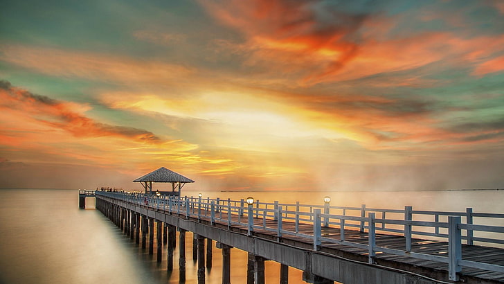 pier, water, sky, sunset, sea, beauty in nature, cloud - sky, HD wallpaper