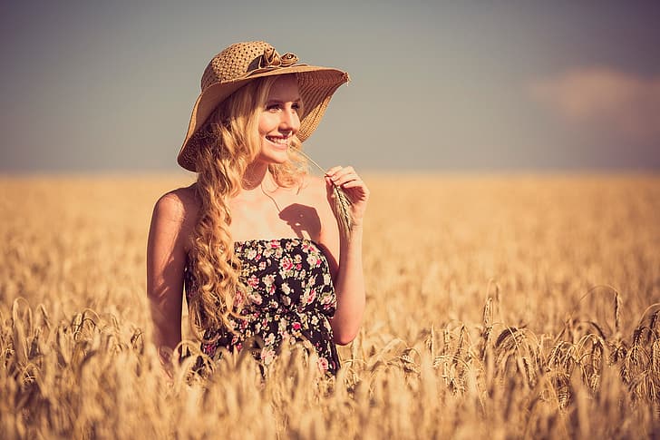 wheat, field, the sun, nature, pose, smile, model, portrait, HD wallpaper