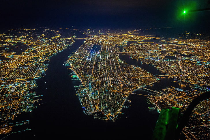 New York City, river, USA, night, helicopters, bird's eye view, HD wallpaper