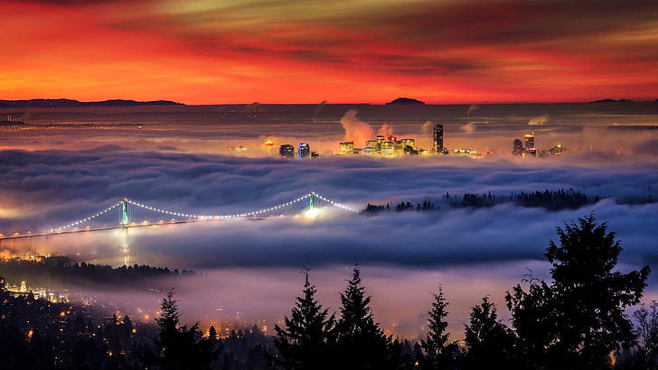 vancouver, canada, british columbia, clouds, misty, red sky
