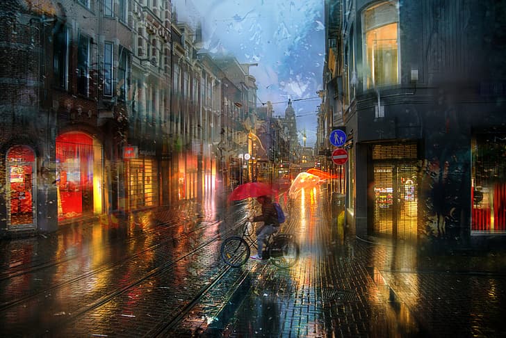 the city, rain, building, rails, home, lighting, Amsterdam, HD wallpaper