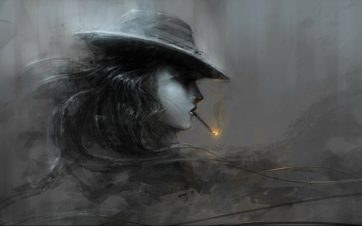 artwork, women, smoking, hat, HD wallpaper