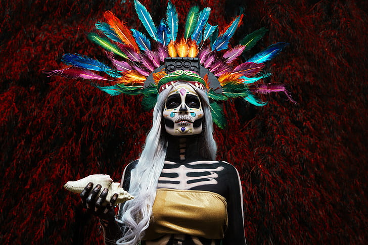 Dia de los Muertos, skull, women, feathers, face, colorful, HD wallpaper
