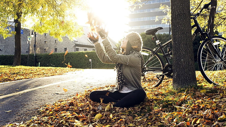 fall, trees, bicycle, road, sitting, sunlight, women outdoors, HD wallpaper