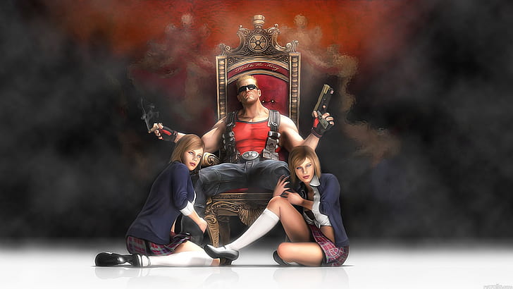 Duke Nukem Forever, man holding a pistol and cigarette while sitting and with 2 girls on hes feet poster