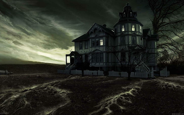 Haunted house under dark sky, white and black 3 storey building
