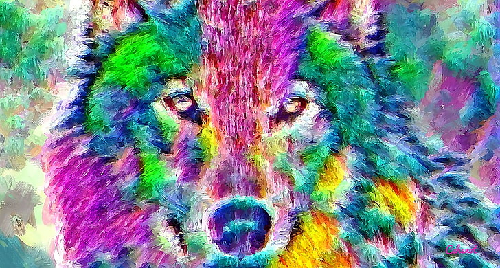 Wolf, colorful, art, yellow, cehenot, abstract, animal, green, HD wallpaper