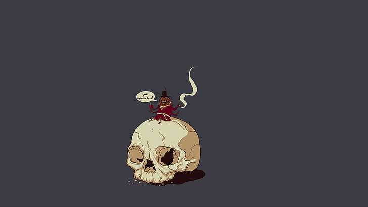 brown rat on human skull illustration, minimalism, top hat, cigars