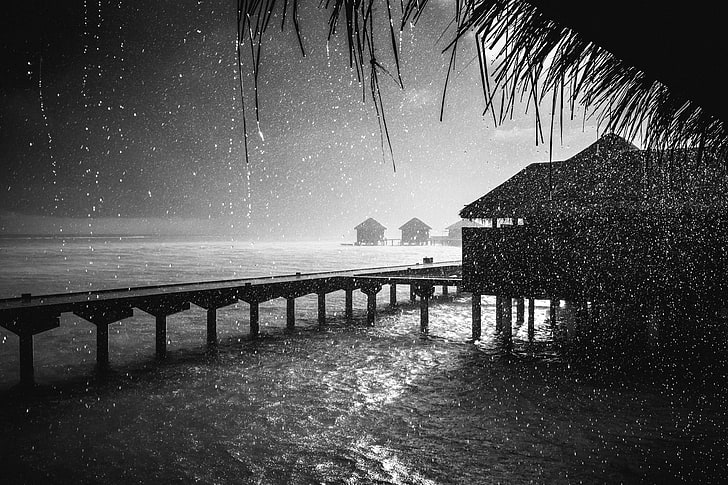 rain, monochrome, Maldives, water, sky, nature, sea, beauty in nature