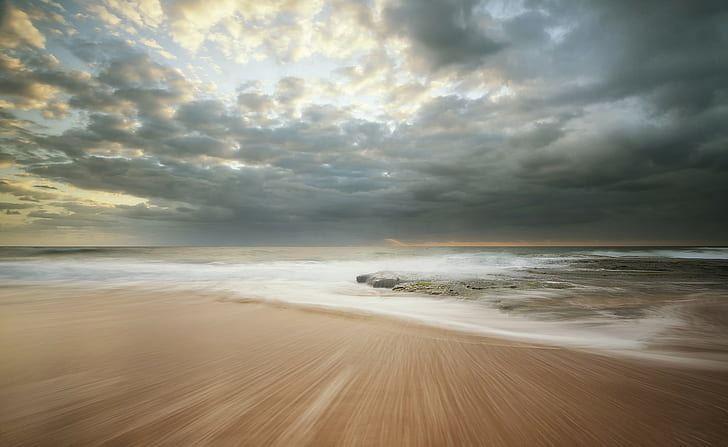 beach, sea, horizon, sand, clouds, HD wallpaper