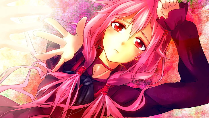 anime, anime girls, pink hair, long hair, red eyes, school uniform, HD wallpaper