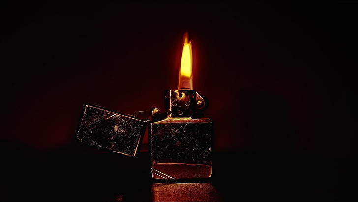 silver flip lighter, fire, flame, scratches, zippo, burning, indoors