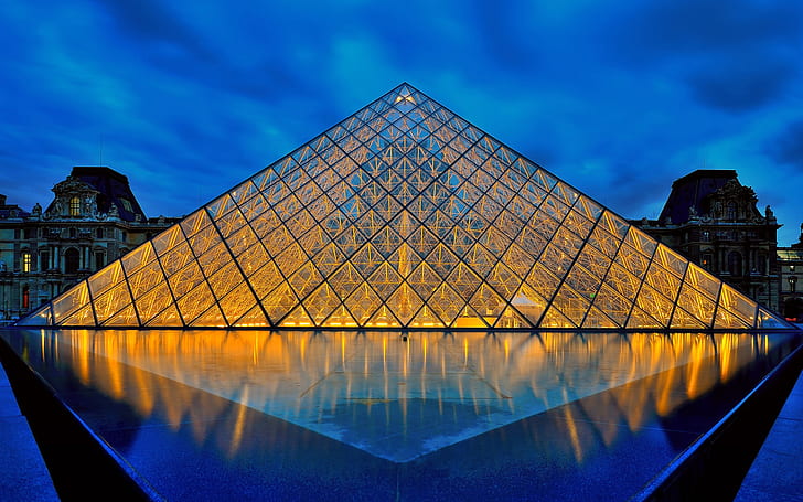 Louvre Museum, Paris, France, glass pyramid, lights