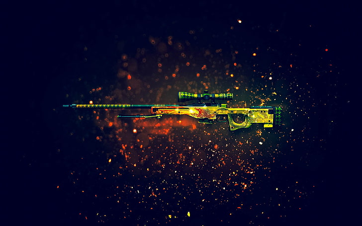 brown and black sniper rifle, green and yellow AWM sniper rifle illustration