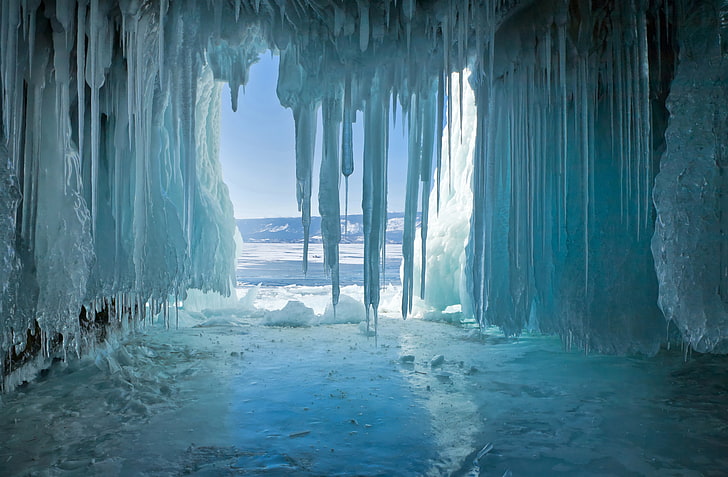ice spike, winter, lake, icicles, Baikal, cave, the grotto, nature