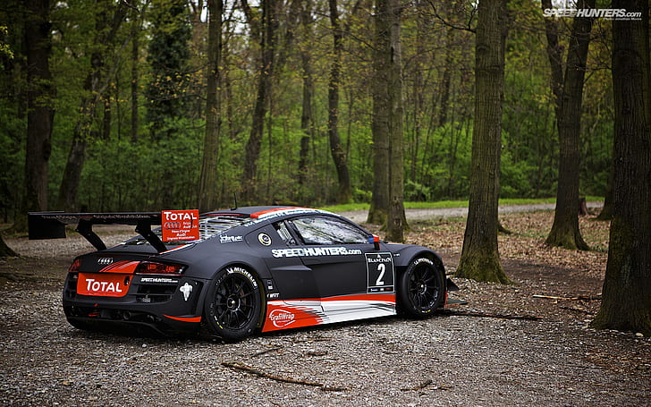 Audi R8 Race Car Trees HD, black and red audi r8, cars, HD wallpaper