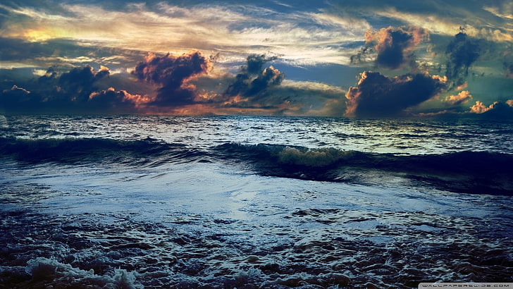 ocean wave under grey sky digital wallpaper, coast, sea, waves
