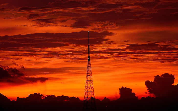 photography, sunset, sky, tower, red, orange, silhouette, cloud - sky, HD wallpaper
