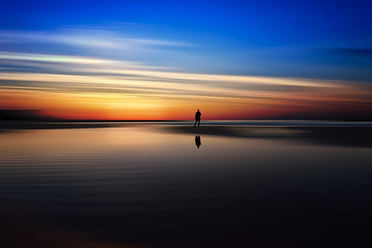 silhouette photography of person standing on seashore, landscape, HD wallpaper