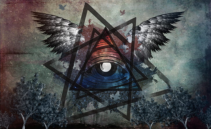 triangle with eye and wings illustration, Illuminati, architecture