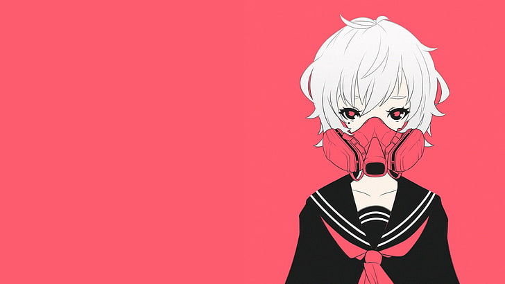 gas masks, pink, white hair, school uniform, anime, anime girls, HD wallpaper