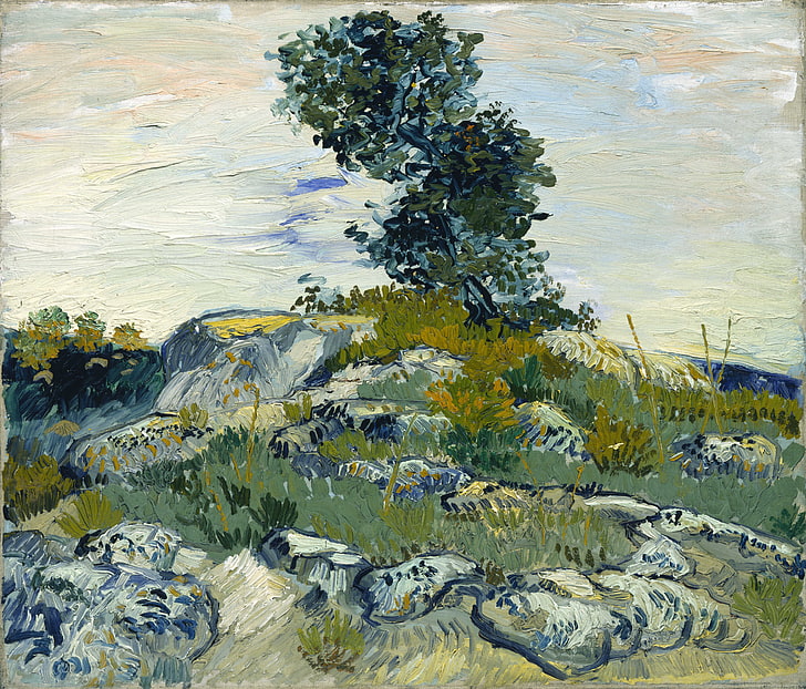 tree and grass painting, vincent van gogh, rocks with oak tree
