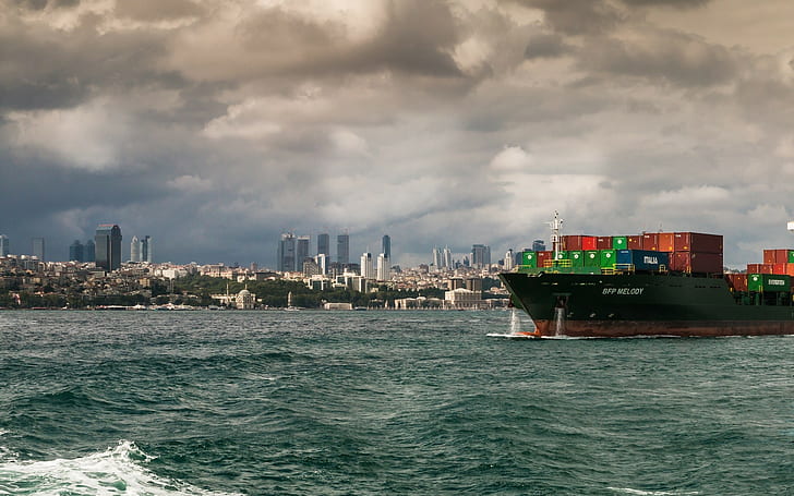 Turkey, Istanbul, City, Cityscape, Ship, Container Ship, Sea, Clouds, Waves, Overcast, black cargo ship