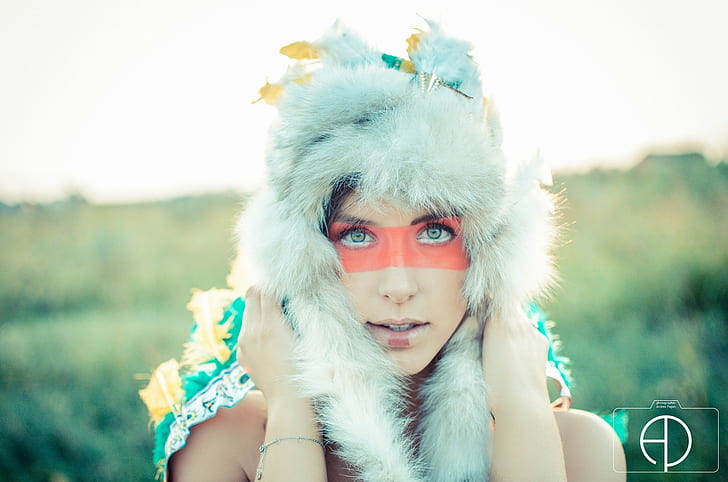 women, fluffy hat, face paint, looking at viewer, green eyes