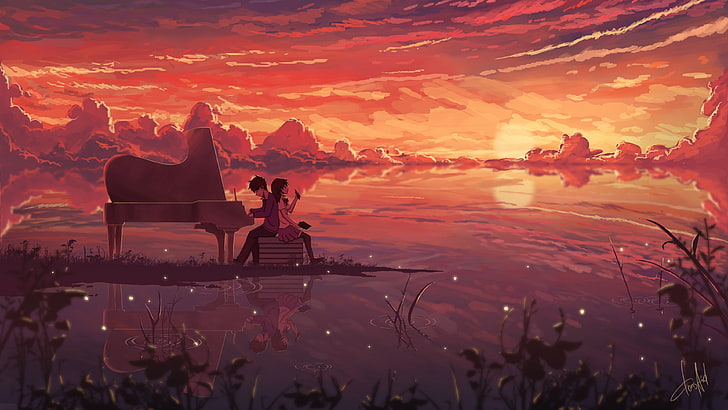 Your Lie in April wallpaper, anime, sunset, piano, clouds, anime boys