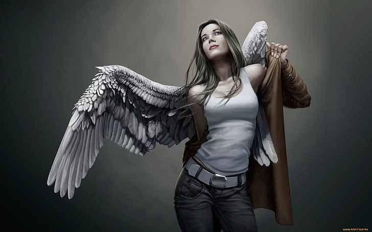 woman with wings illustration, angel wearing brown leather jacket looking up high, HD wallpaper