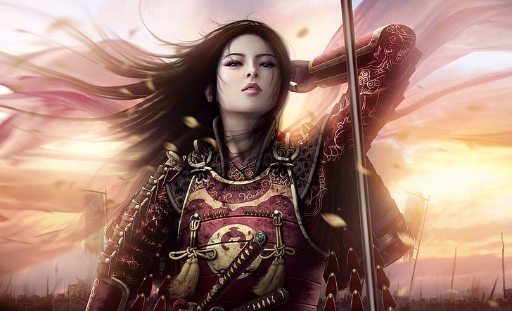 Oriental Warrior, woman wearing red samurai armor digital wallpaper, HD wallpaper