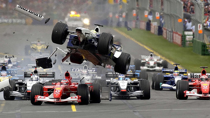 assorted Formula 1 racer cars, crash, mode of transportation
