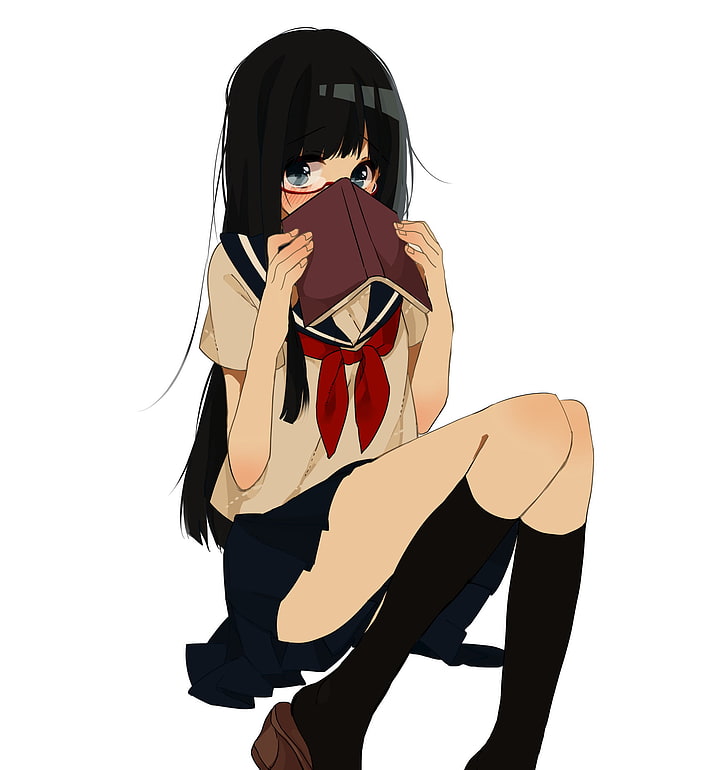 anime girls shy school uniform books, white background, studio shot