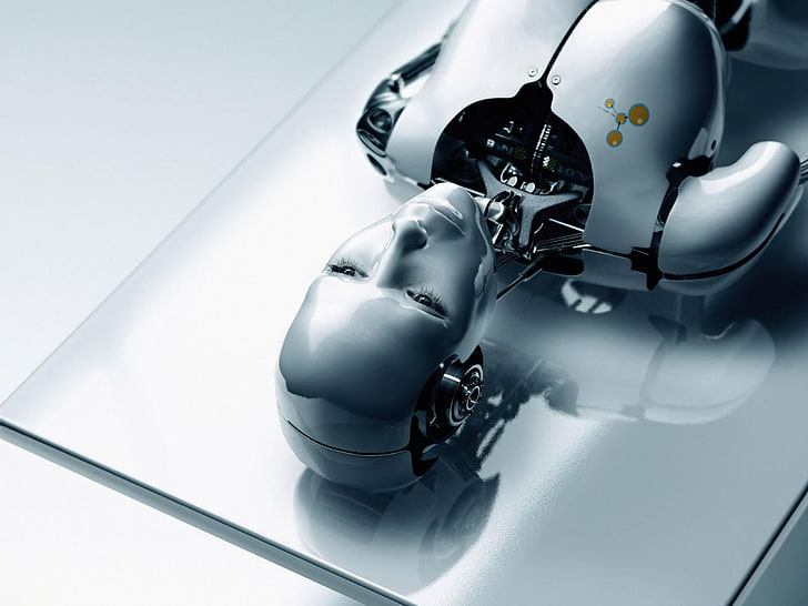 silver robot, technology, artificial intelligence, gears, reflection