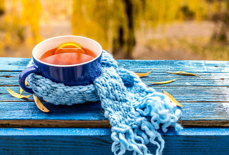 Cup tea scarf, orange liquid filled blue ceramic mug; blue knit scarf, HD wallpaper