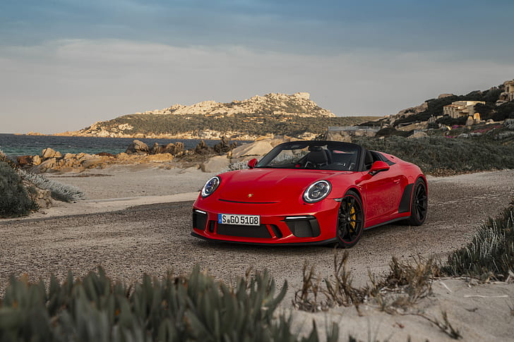 Porsche 911 Carrera, red, beach, Convertible, numbers, vehicle, HD wallpaper