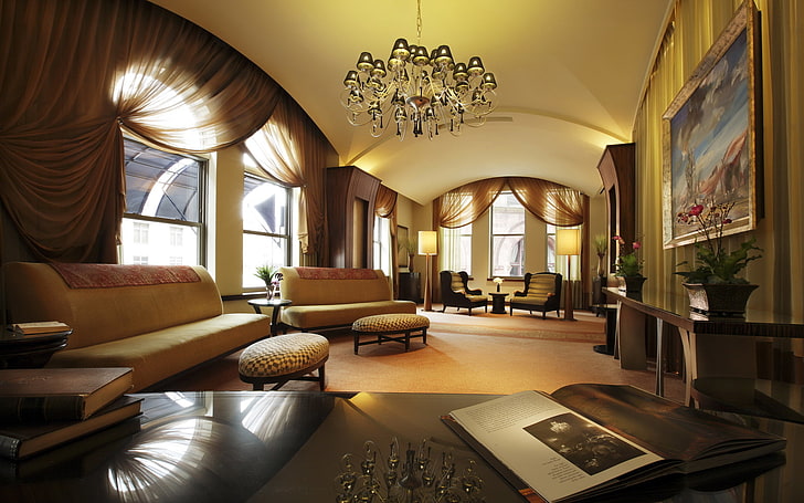 living room interior, light, design, reflection, table, Windows, HD wallpaper
