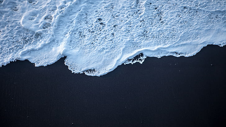 nature, water, sea foam, white, sand, black sand, HD wallpaper
